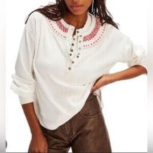 Free People White and Red Embroidered Top